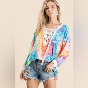 BiBi Tie Dye Deep V-neck Top With Lace Up Front
